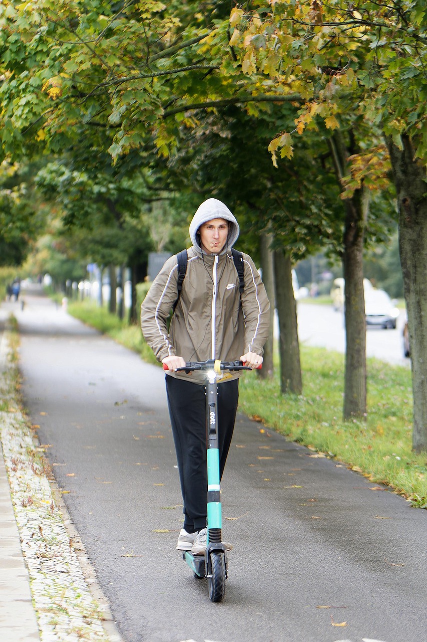 man, riding, electric scooter, nature, e-scooter, alley, trees, urban, city